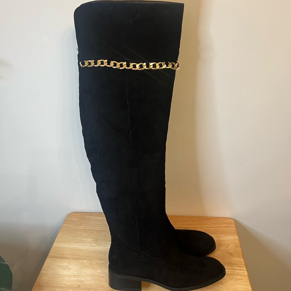 CHAIN TRIM SUEDE Knee high BOOTS moto